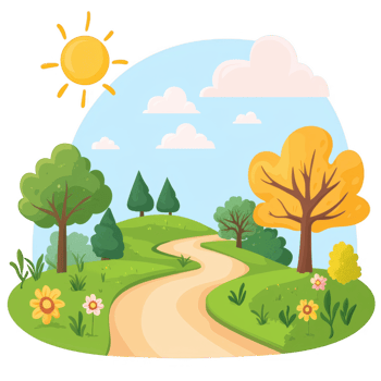 A scenic illustration of a winding path through lush greenery, vibrant trees, and colorful flowers, under a sunny sky, creating a peaceful natural atmosphere. png