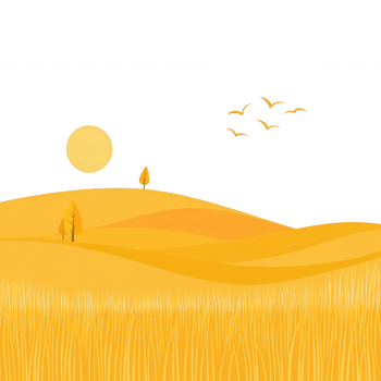 A scenic view of rolling hills with golden fields under a bright sun, complemented by flying birds in a clear sky. A peaceful representation of nature's beauty. png
