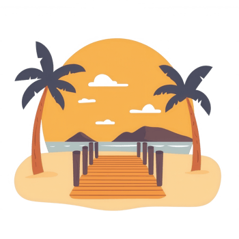 A serene beach scene featuring palm trees framed by a vibrant sunset over calm waters, leading to a wooden walkway inviting leisure and relaxation. png