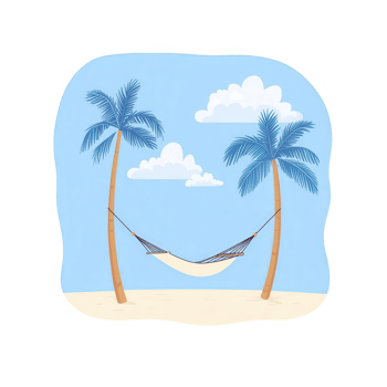A serene beach scene featuring two palm trees and a hammock swinging gently between them, set against a bright blue sky with fluffy white clouds. png