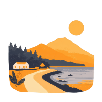 A serene landscape featuring a winding pathway leading to a beach. A small house amidst trees, with mountains in the backdrop and a vibrant sun setting. png