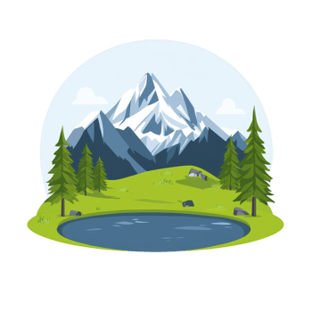 A serene mountain landscape with towering peaks, lush green trees, and a tranquil lake reflecting the sky, creating a picturesque view of nature's beauty. png