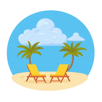 A tranquil beach scene featuring two yellow lounge chairs under palm trees, set against a clear blue sky with fluffy clouds, perfect for relaxation and vacation vibes. png