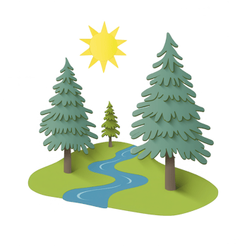 A vibrant, cartoon-style illustration of a sunny landscape featuring tall trees, a flowing river, and a bright sun shining in a clear blue sky. png