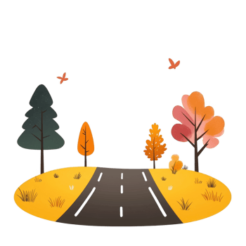 A vibrant autumn landscape featuring colorful trees and a winding road surrounded by golden foliage, evoking a sense of tranquility and natural beauty. png