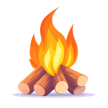 A vibrant campfire with bright flames and stacked wooden logs, symbolizing warmth and outdoor gatherings, on a white isolated background. png