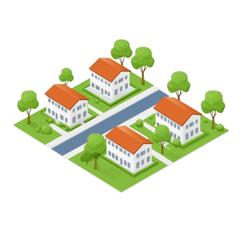 A vibrant illustration of a small neighborhood featuring white houses with red roofs, surrounded by lush green trees and a central road, perfect for urban design and planning. png