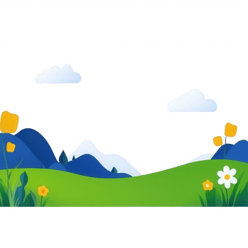 A vibrant illustration of rolling hills, blooming flowers, and a clear blue sky, featuring cartoon-style mountains and clouds in a cheerful, sunny setting. png