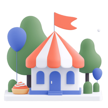 A whimsical carnival booth with vibrant striped roof, decorative balloons, and lush green trees creating a fun and inviting atmosphere. png
