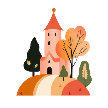 A whimsical illustration of a charming castle surrounded by colorful autumn trees on a hill, creating a serene and enchanting atmosphere. png
