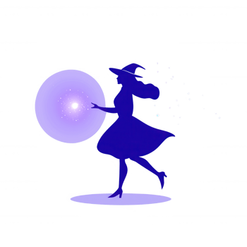 A whimsical silhouette of a woman in a flowing dress, dancing playfully with a luminous orb, surrounded by sparkling magic effects on a transparent background. png