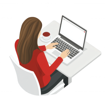A woman working on a laptop at a desk with a cup of coffee, showcasing a modern and productive home office environment against a clean, white background. png
