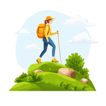 A young hiker climbing a green hill, enjoying nature with a backpack and stick. The scene includes lush vegetation and a bright sky with fluffy clouds, capturing outdoor adventure. png