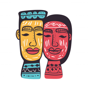 Abstract illustration of two colorful stylized faces representing unity and diversity, set against a white background. png