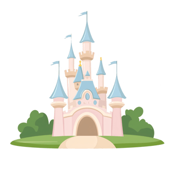 Colorful fairy tale castle with pointed towers and flags, surrounded by green trees, designed for joyful storytelling and whimsical themes. png