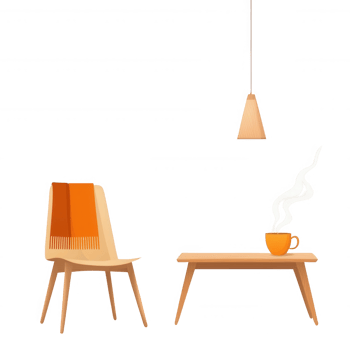 Cozy living space featuring a stylish chair and a wooden coffee table with a steaming cup, exuding warmth and comfort, ideal for relaxation and inviting ambiance. png