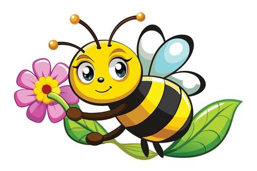 Cartoon Bee Holding Flower with Leaf on White Background vector