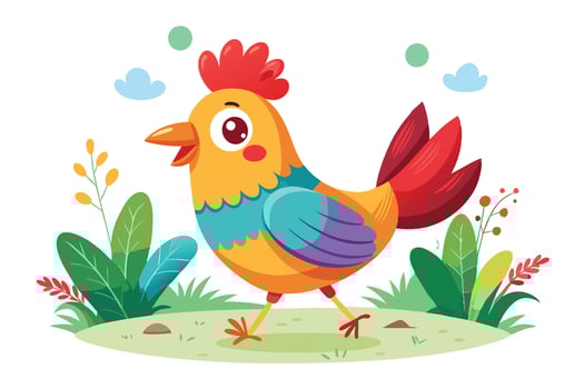 Cartoon Rooster Walking with Colorful Plumage and Plants on White vector