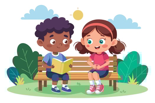 Cheerful African Boy Reading Book with Girl on Park Bench, Sunny Day Cartoon Design vector