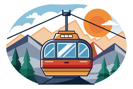 Gondola in Flat Design with Mountain Landscape Pine Trees and Sun on White Background vector