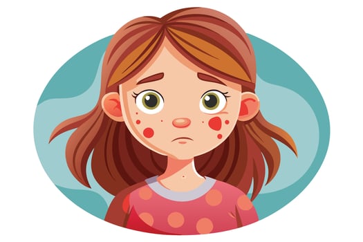 Sad Cartoon Girl with Skin Rash, Red Polka Dot Shirt on Blue Oval Background vector