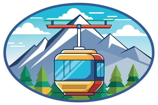 Gondola Lift Cabin with Trees and Mountain, in an Oval vector