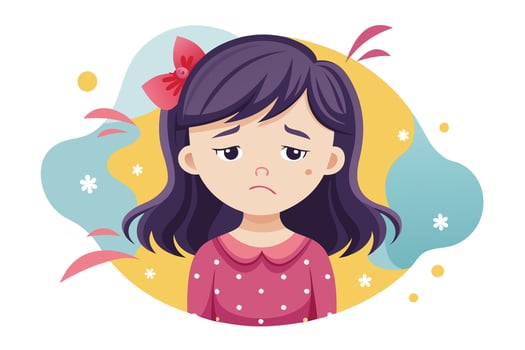Cartoon Style Upset Girl with a Bow and Purple Hair on Abstract Background vector