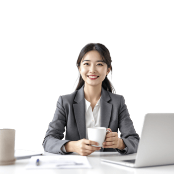 Asian business woman sitting at desk with laptop and coffee png