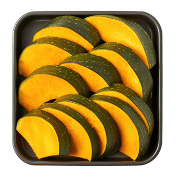 Freshly Cut Slices of Yellow Pumpkin Arranged in a Black Tray png