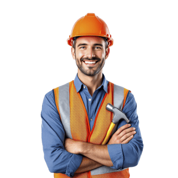 A man in an orange vest and hard hat holding a hammer png