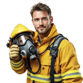 A man in a fireman outfit holding a gas mask png