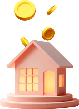 3D toy house on podium with falling coins png