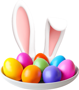 3D colorful easter eggs with bunny ears in plate. png