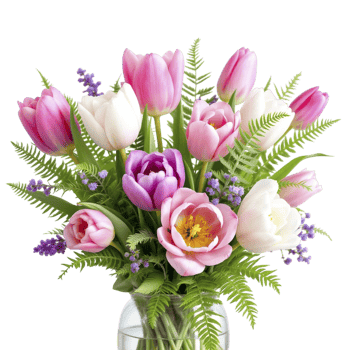 A vase filled with pink and purple tulips png