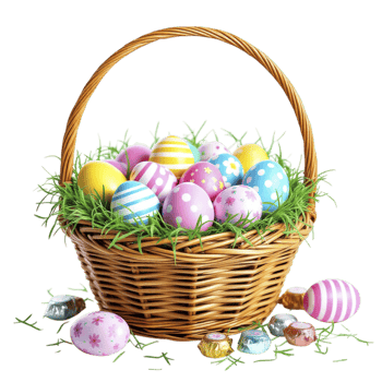 Easter eggs in a basket with grass and candy png
