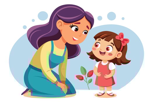 Smiling Woman on Knees Talking to Little Girl with Bow vector