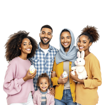 A family of four holding easter eggs png