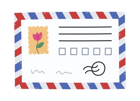 Lovely cartoon blank airmail envelope with red blue stripes, postage stamp with tulip picture, address and index cell. Hand drawn USA international mail, vintage postcard, delivering post concept. vector