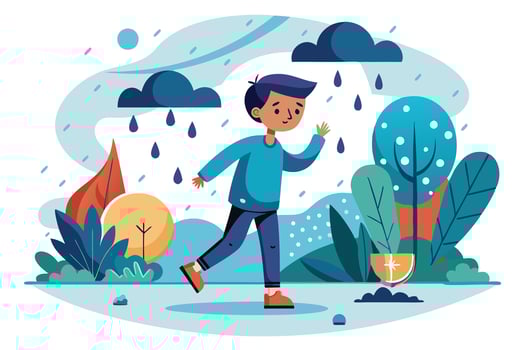 Cartoon Boy Walking in Rain with Trees and Clouds on a Light Sky Background vector