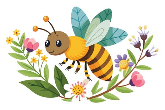 Cartoon Bee Flying Around Flowers, Leaves, Antennas, Yellow and Brown Stripes, Wings vector