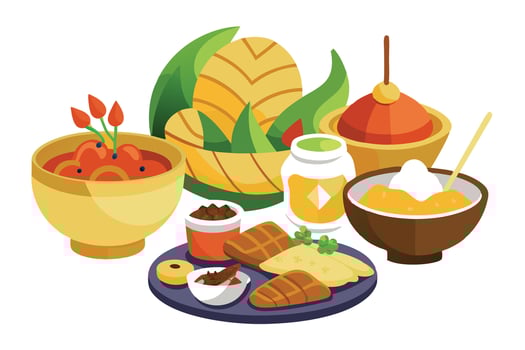 Colorful Food Variety with Dishes Bowls Plate and Decorative Elements on Transparent vector