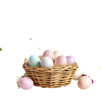 A basket filled with colored eggs on a black background png