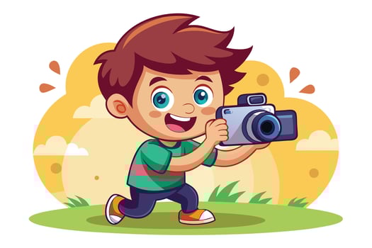 Cheerful Cartoon Boy Taking with Camera on Scenic Background Art vector