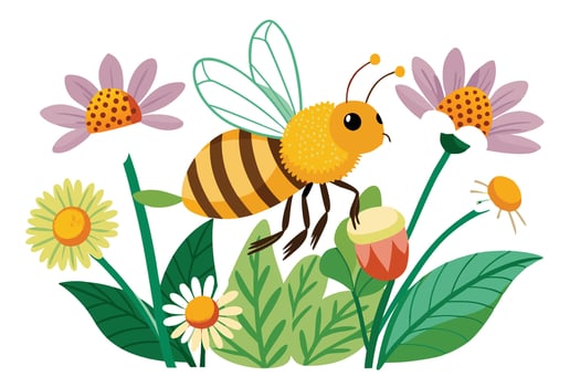 Cartoon Flying Bee with Brown Stripes, Flowers and Leaves on White Background vector