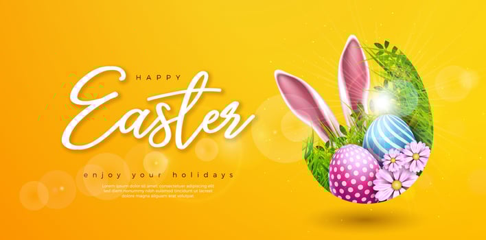 Happy Easter Illustration with Flower, Painted Egg and Rabbit Ears on Yellow Background. International Religious Celebration Holiday Design with Typography Letter for Greeting Card or Banner. vector