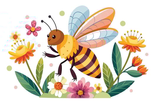 Cartoon Bee Flying among Colorful Flowers on White Background Design vector