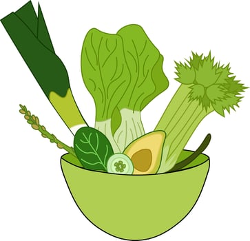 Bowl of salad green vegetables on a white background. flat illustration, art for food design, recipe, cook book, packages, menu, food ads and decor Eat green vector