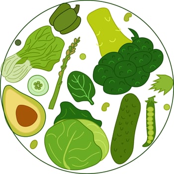 Fresh green veggies Round Composition flat composition. Banner, poster, wrapping paper, sticker, print, modern textile design. Eat green vector