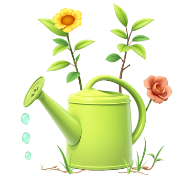 Green watering can with blooming flowers in the garden png