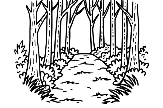 forest path sketch black and white woodland trail, trees, nature, outdoor scenery, peaceful exploration vector